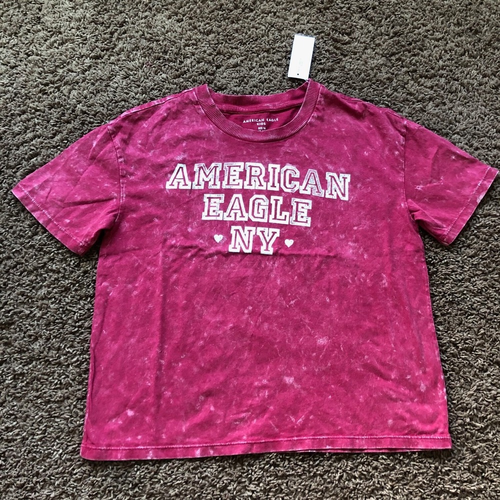 American Eagle Kid Pink Acid Wash Graphic Tee Shirt NY Hearts Size 16 13-14Y NEW